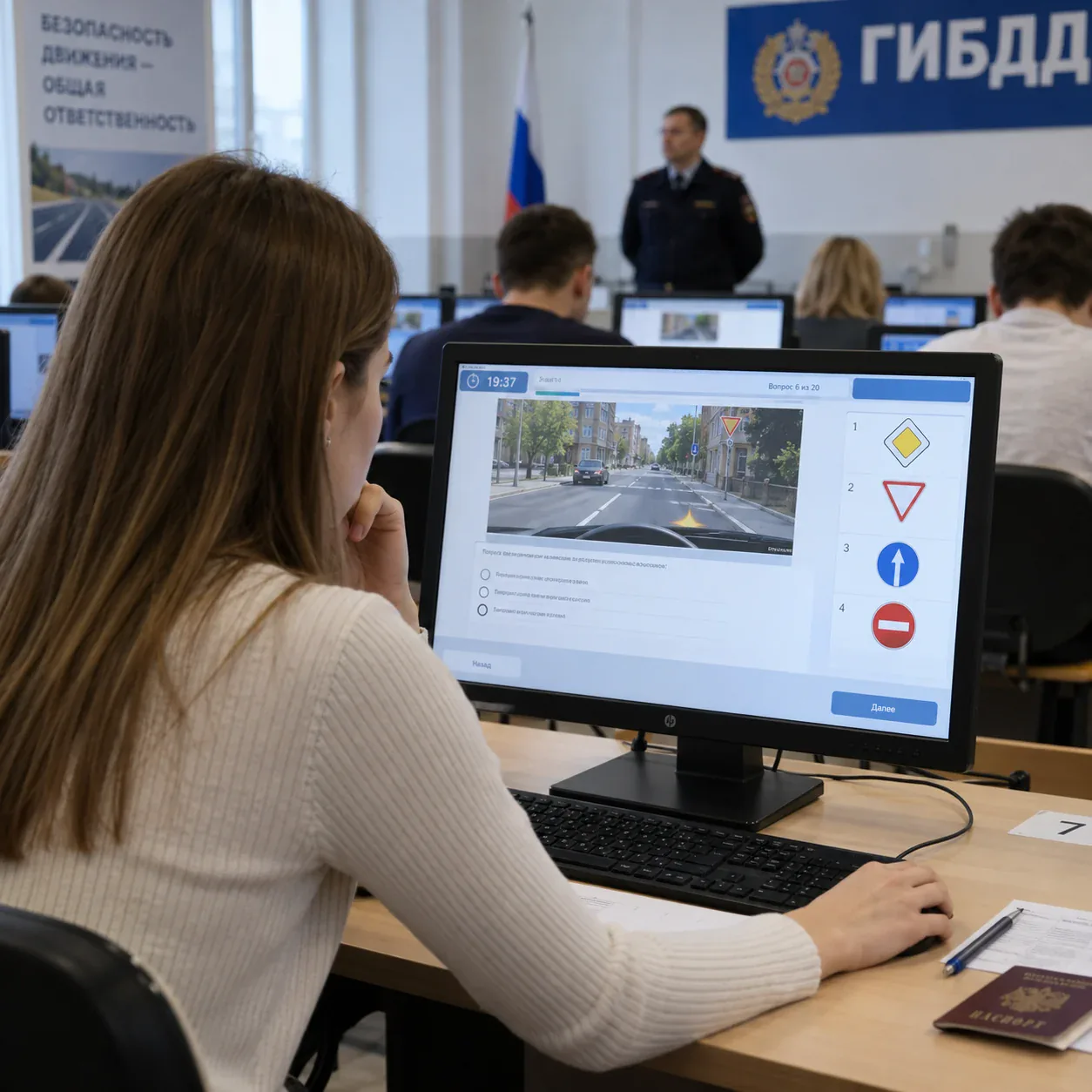 Кандидат отвечает на вопрос теоретического экзамена, на экране вопрос 6 из 20